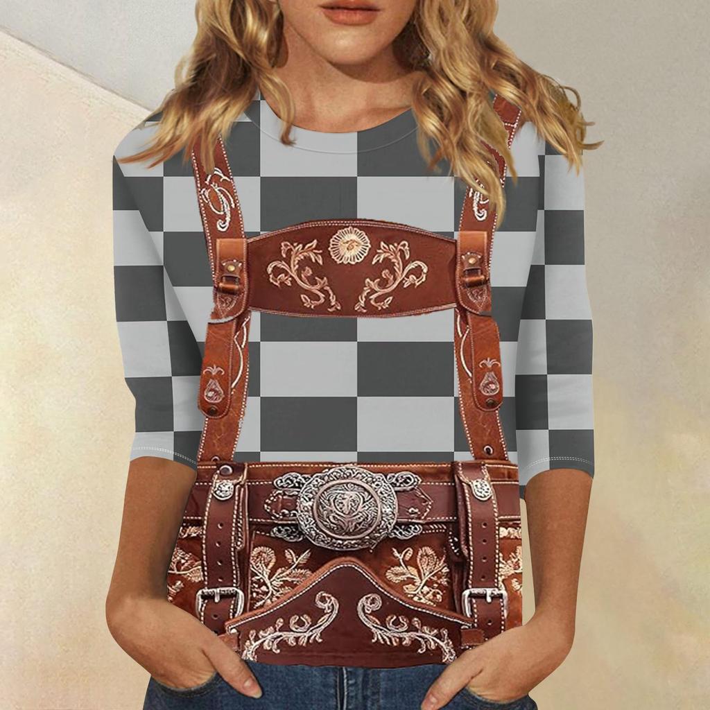 Women Casual Three Quarter Sleeve Oktoberfest Print Round Neck Top Fashion Loose Fit Lightweight Pullover Shirt for Autumn