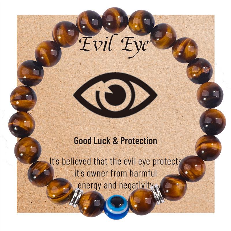 

Evil Eye Bracelet with Blue Eye Beads and Frosted Tiger Eye Stones 8mm