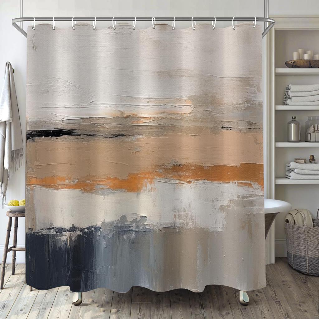 Abstract Simple Modern Shower Curtain Set Dark Brown Neutral Modern Brushstroke Art Waterproof Bathroom Curtain With Hook