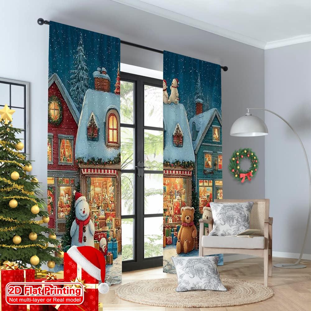 2pcs 2D flat printing Merry Christmas Scene Curtains Santa's Toy Store Fabric Without Electricity Family Party Perfect for