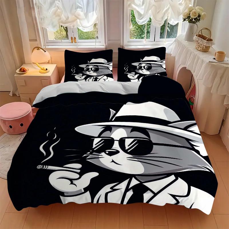 3pcs Smoking Tom Cat Bedding Set - Includes 1 Quilt Cover and 2 Pillowcases, Comfortable Bedding with Stylish Design for Bedroom, Machine Wa