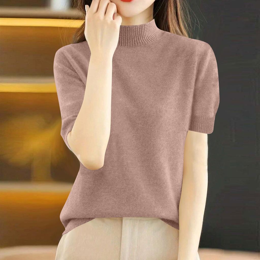 Women's Fashion Loose Knit Sweater Bottom Shirt Half High Neck Pullover Short Sleeve Solid Color Top