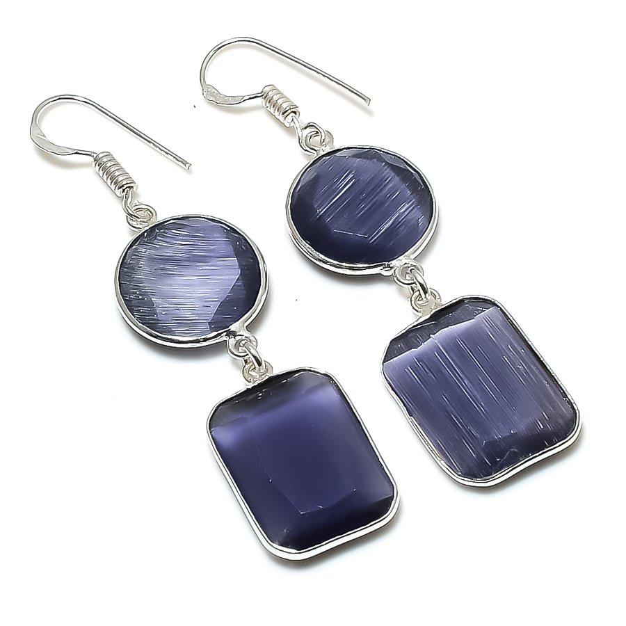 Blue Monalisa Gemstone Handmade 925 Sterling Silver Jewelry Earring 2.32" GK-6252