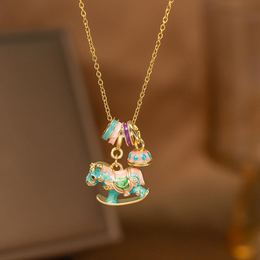 Cute Exquisite Enamel Rocking Horse Donut Pendant Necklace for Women Gold Color Stainless Steel Collar Chain Jewelry Accessories