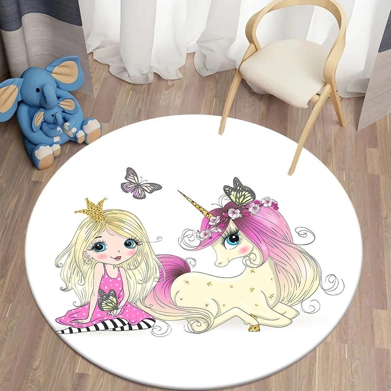 Ballet Dancer Girl Round Carpet Cute Cartoon Animal Fairy Print Area Rug For Bedroom Living Room Decor Non-Slip Play Floor Mat