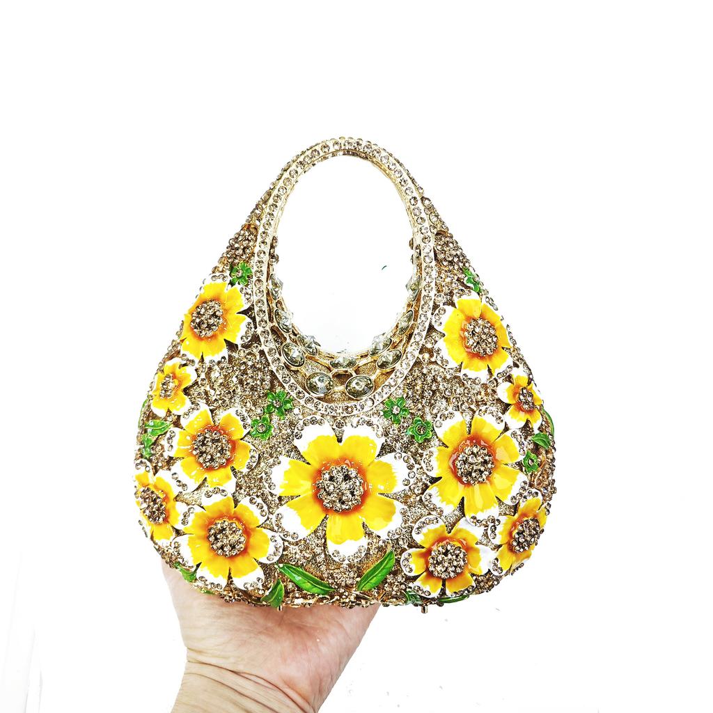 WHTUOHENG Pink Floral Rhinestones Top-Handle Bag Lady  Flower Luxury Designer  Crystal Evening Bags Wedding Party Purse Handbag