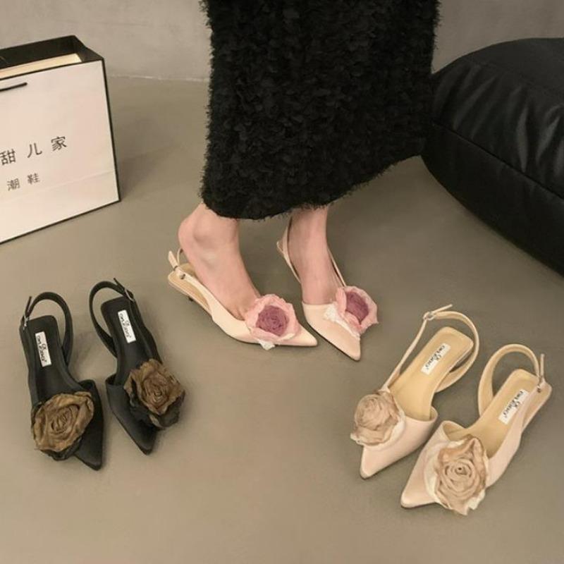 Fashion New Flower Designer Sandals Women Elegant Satin Mule Shoes Summer Pointed Toe Pumps Low Heel Flowers Slingback Sandals Female