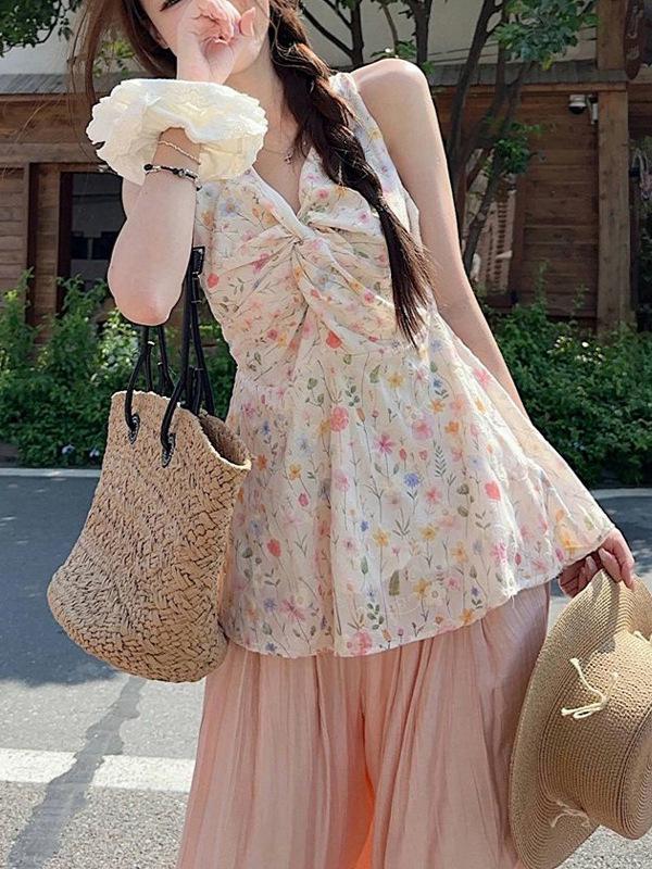 Sweet Spicy Girl Floral Knot Sleeveless Camisole - Women's Summer 2026 Backless Versatile Top