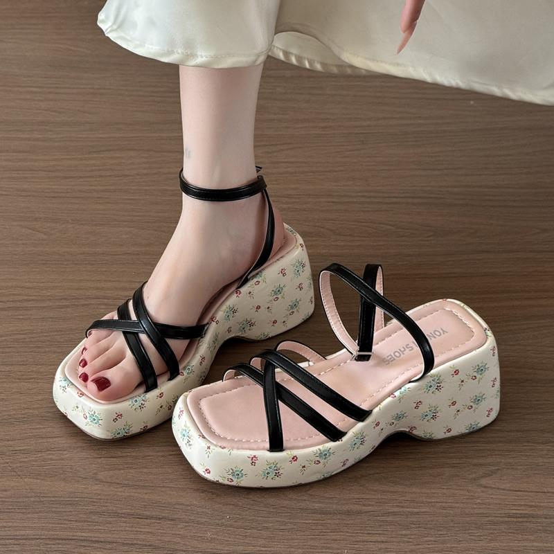 2025 Summer Women Floral Platform Wedges Heel Female Sandals Fashion Narrow Band Ladies Elegant Party Dress Gladiator Sandalias