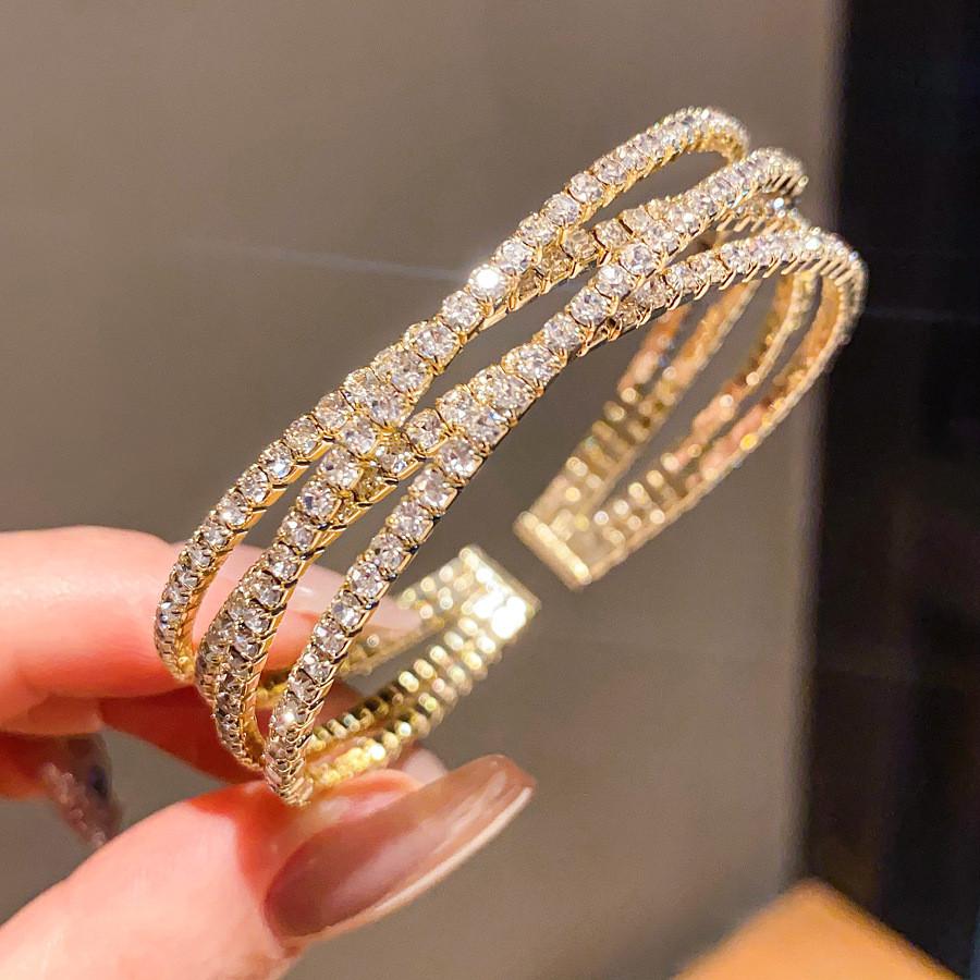 No Ip Geometric Multilayer Cross Opening Bracelet With Rhinestone Accents For Elegant Women