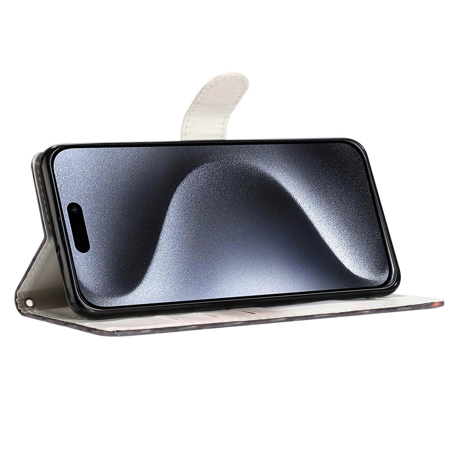 

For iPhone 16 Pro Case Print Pattern Design PU Leather Phone Cover with Card Slots Wrist Strap Purple Flowers