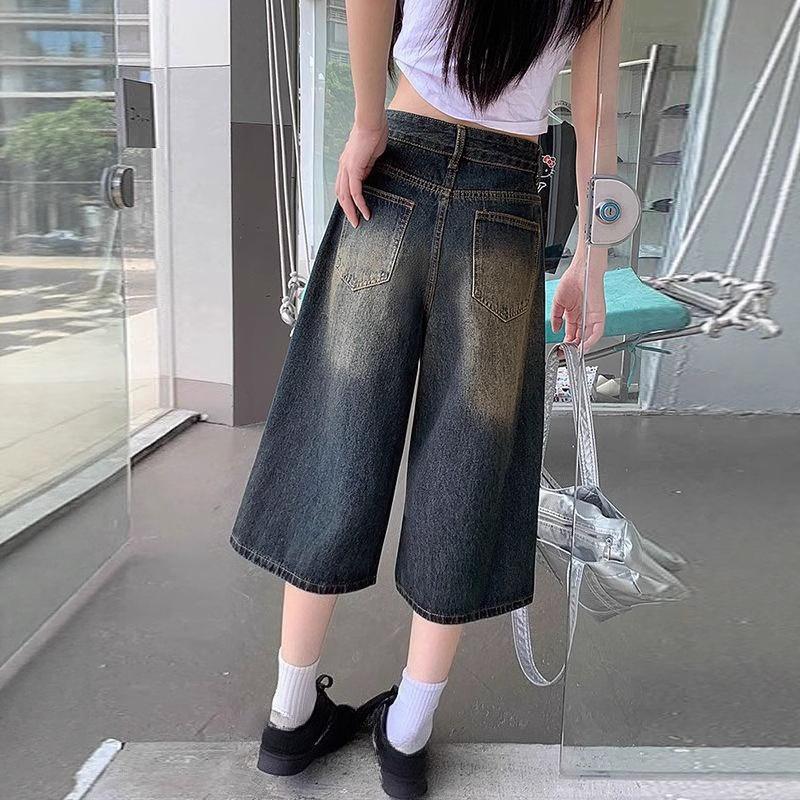 Vintage Farbverlauf Weitbeinige Culottes Amerikanischer Retro Gewaschene Lockere Shorts Hosen Jeans Damen Sommer Hohe Taille Weite Hosen Freizeithosen Mittellange Hosen