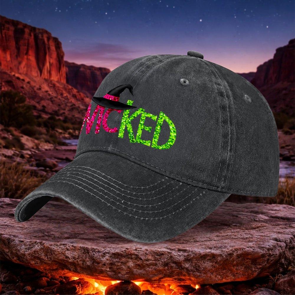 Witch Hat WICKED Vintage Washed Unisex Baseball Cap Black for Parties Camping Travel Fishing Sports
