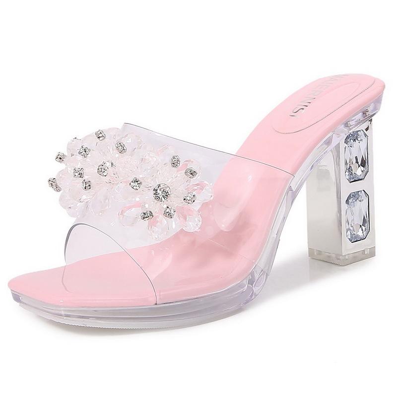 

Women Rhinestone Crystal High Thick Heel Sandals Office Career Nightclub Party Banquet Wedding Catwalk Princess Slide Sandals 35 розовый