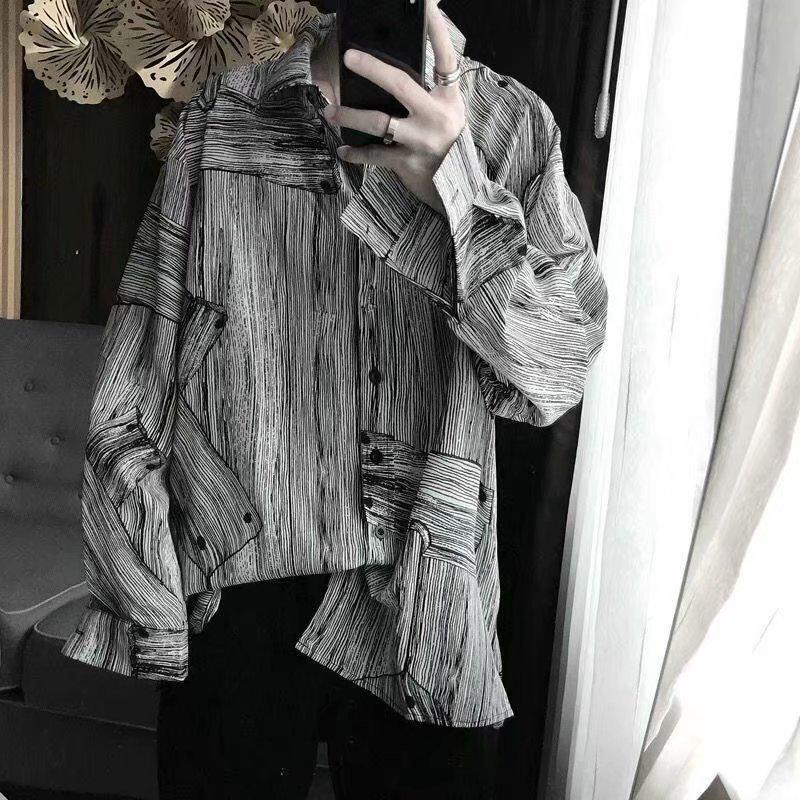 

Мужская свободная роскошная корейская рубашка с длинным рукавом — модный, крутой и стильный дизайн XL чёрный