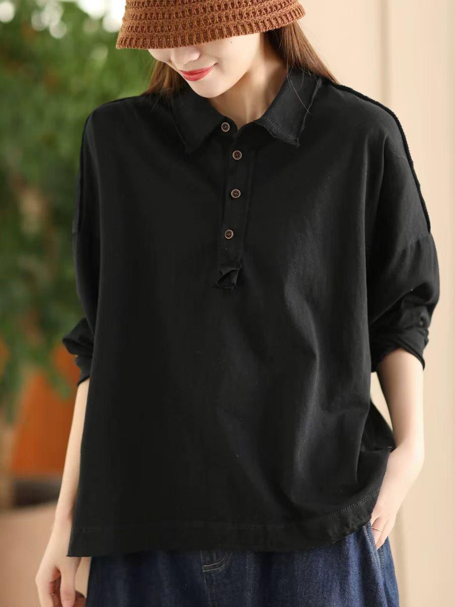 

Johnature Женская осенняя свободная однотонная футболка с длинными рукавами в стиле ретро, повседневная винтажная футболка в китайском стиле One Size чёрный