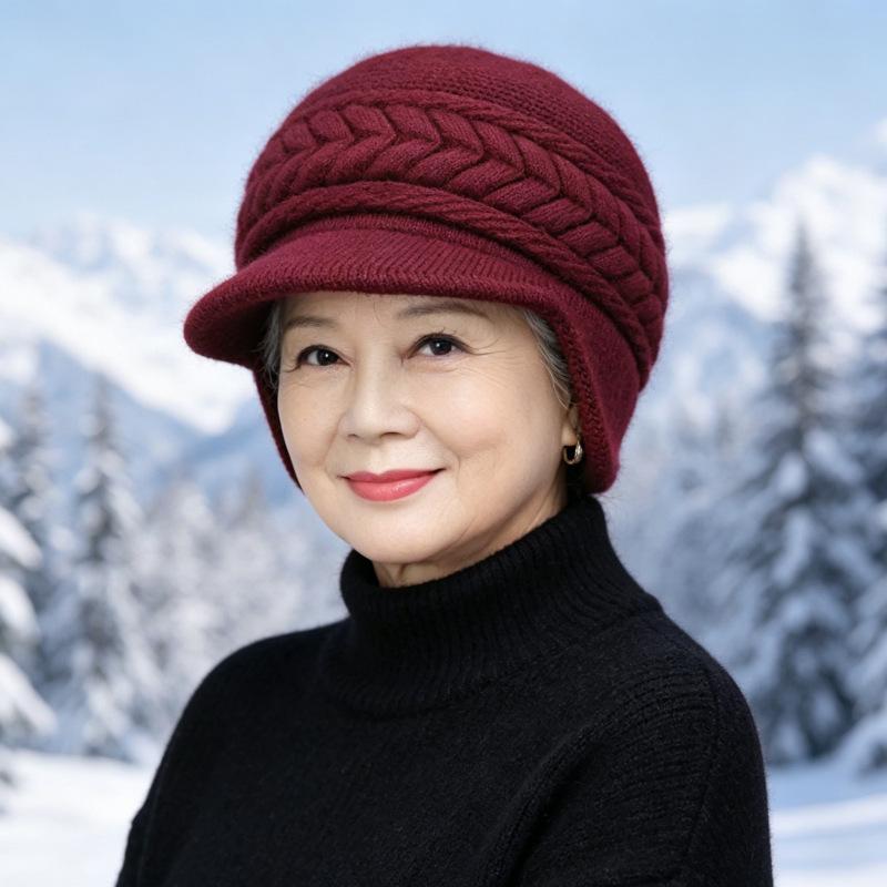 Middle-aged and elderly hats, women's autumn and winter fashion mother hats, fleece thickened ear protectors, cold-proof and warm knitted wool hats