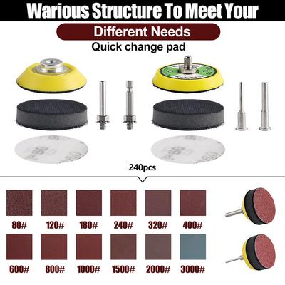 Kit Variado de Discos de Lijado de 2 pulgadas con Base para Taladro, Amoladora, Herramientas Rotativas - 240 Piezas con Vástago de 1/8" y 1/4"