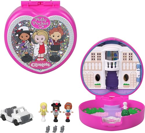 Polly Pocket x Clueless Compacto de Colecionador, Mini Boneca e Playset, 5 Veículos de Brinquedo com Acessórios Temáticos, Cher, Dionne e Ty.