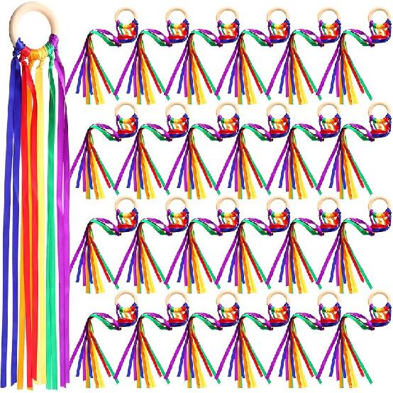 Junkin 24 Pcs Rainbow Hand Kite Waldorf Toys Creative Dancing Ribbon Streamer with Wood Ring Wrist Sensory Toys Learning Educational Toy for Playroom
