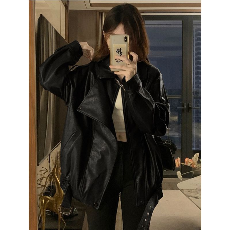 Kumikumi American vintage PU Leather Long sleeve Outerwear Women clothes Autumn Loose Slimming Versatile Stand Collar Jacket Top