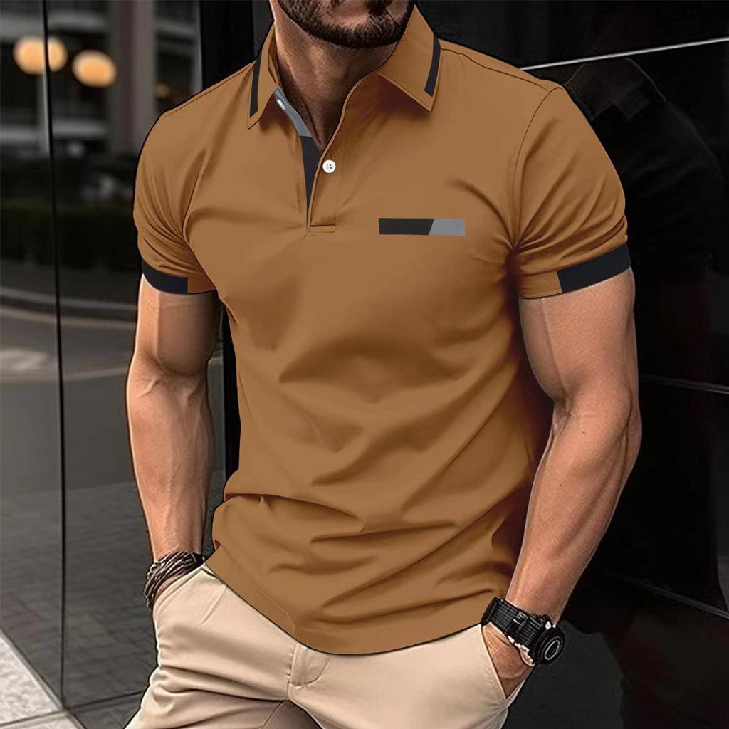 Fashionable Men's Casual Polo Shirt with Faux Chest Pocket, Turn-Down Collar and Button-Front Business T-Shirt Top