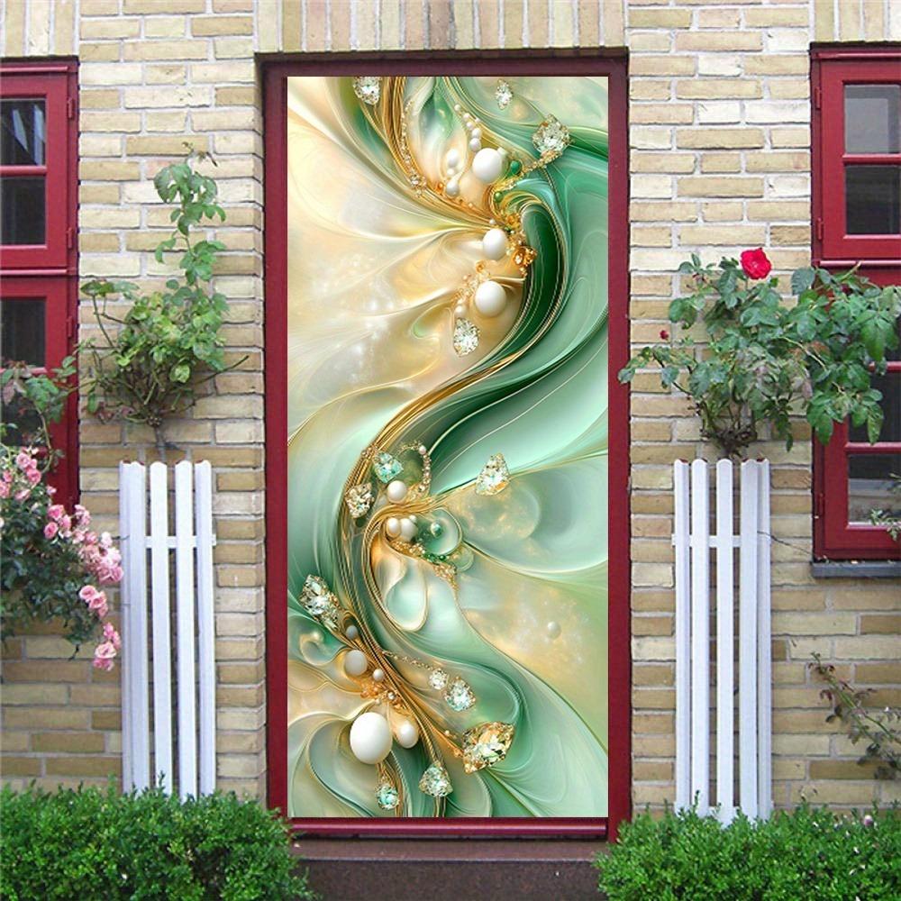 Moderne Geometrische Türsticker - Selbstklebende und abnehmbare Türsticker, grüne seidige Wellenlinien mit einem Schmuckmuster