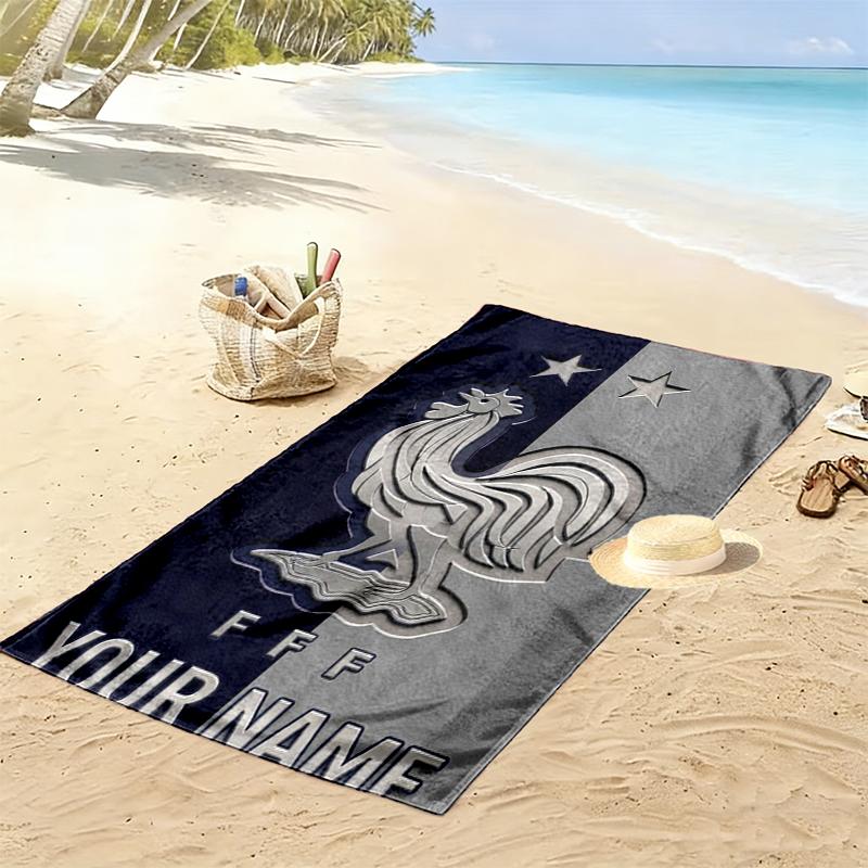 Custom Name Rooster France Print Beach Towel, Large Soft Quick Dry Towel for Beach Camping Swimming