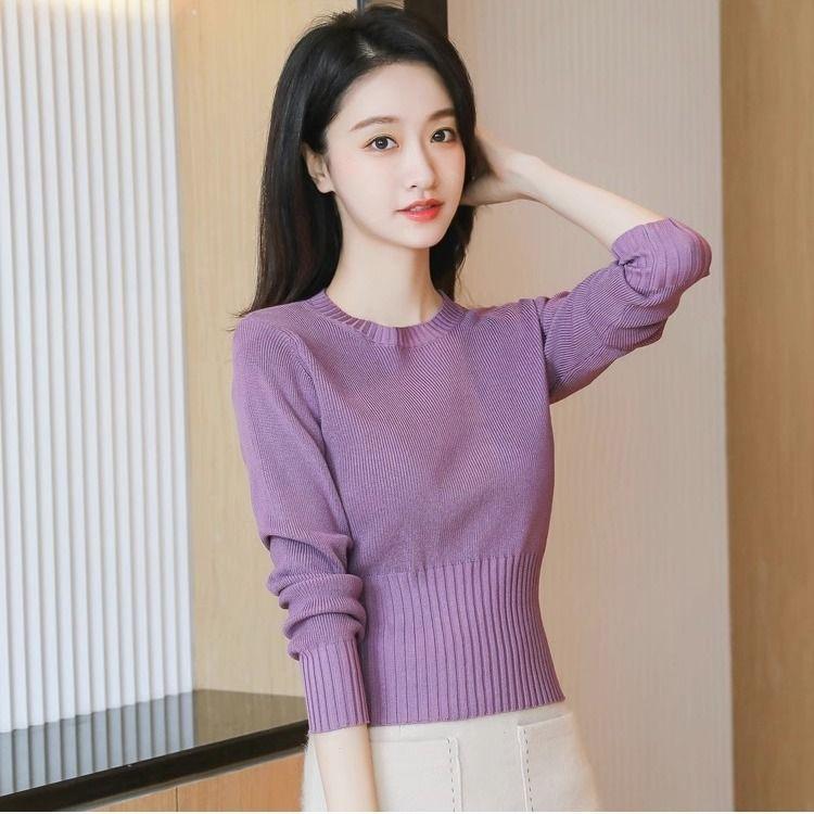 

Короткие базовые свитера, женский свитер с круглым вырезом, женский пуловер, свитера с тонким низом, женские эластичные топы S фиолетовый
