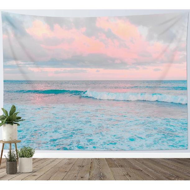 LB Ocean Pink Sky Tapestry, Teal Sea Ocean with Pink Cloud Wall Tapestry for Bedroom, Pastel Nature Landscape Wall Hanging Tapestry Wall Art for