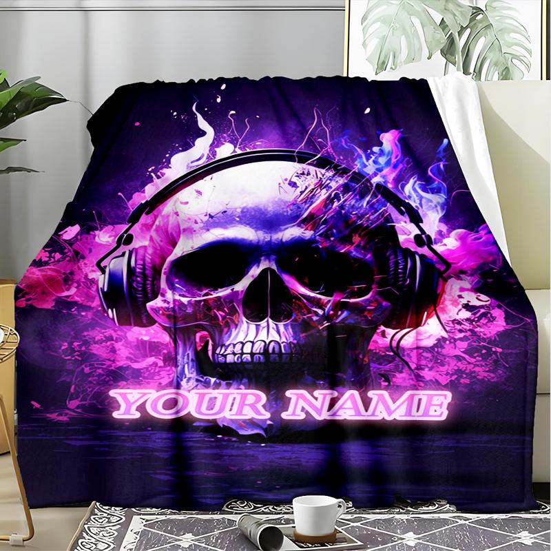 1PC Custom Name Skull Headphones Artwork outdooor Flannel blankets Patterns Throw Blanket All-Season Soft Gift for Couch, Bed, Camping gifts