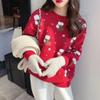Red Autumn and Winter Knitted New Women's Clothing Deer Jacquard Knitted Sweater Crew Neck Pullover Color Matching Top