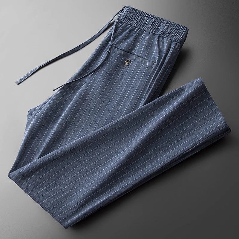 Letnie Cienkie Spodnie Sportowe w Pionowe Paski Spodnie z Prostą Nogawką Męskie Spodnie Codzienne ze Sznurkiem Spodnie Codzienne Wielofunkcyjne