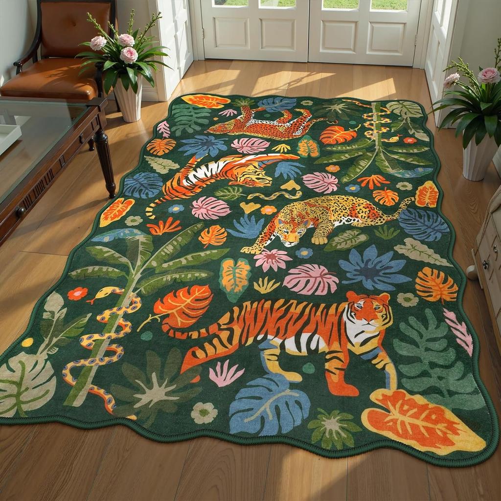 American Living Room Carpet Large Machine Washable Floor Mat Dark Green Jungle Tiger Rug Retro Home Decoration Rugs for Bedroom