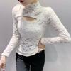 2023 Spring Women's Slimming Long Sleeve Lace Cutout Semi-High Neck Shirt