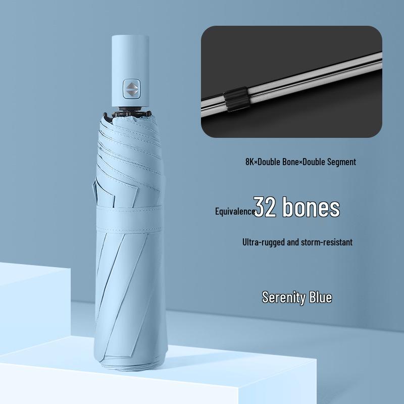 Premium 32-Bone Automatic Folding Umbrella with One-Button Open/Close, Black Glue Sun Protection, and Custom Sunshade.