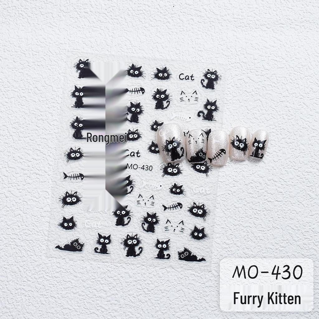 Cute Cat & Fishbone Nail Stickers - Frizzy Kitten Embossed Design
