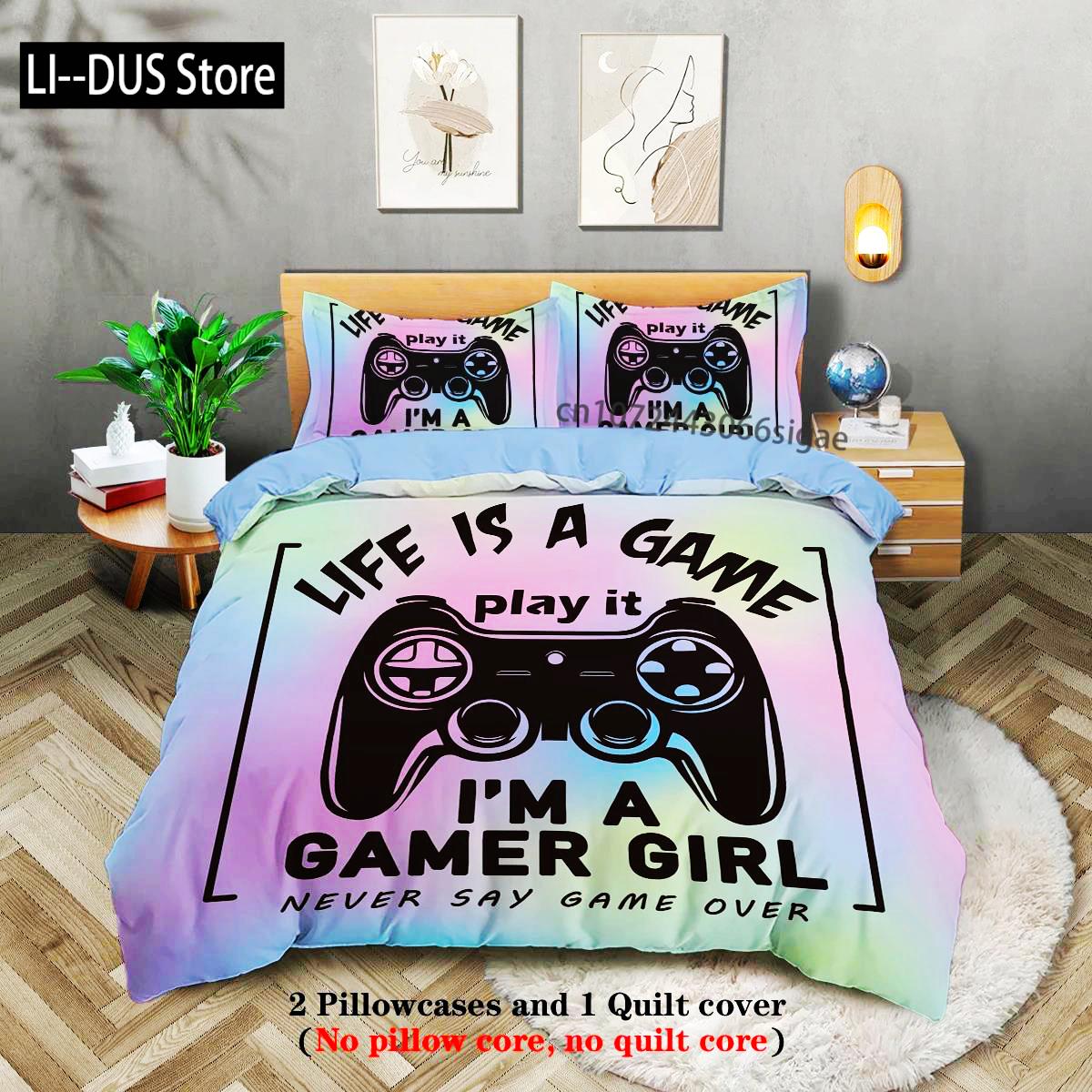 

3-Pcs Set Youth Cool Gamer Pattern Printed Duvet Cover Set For Teenager Girl s Bed Party Funny And Creative Bedding Set EU single(135x200cm)
