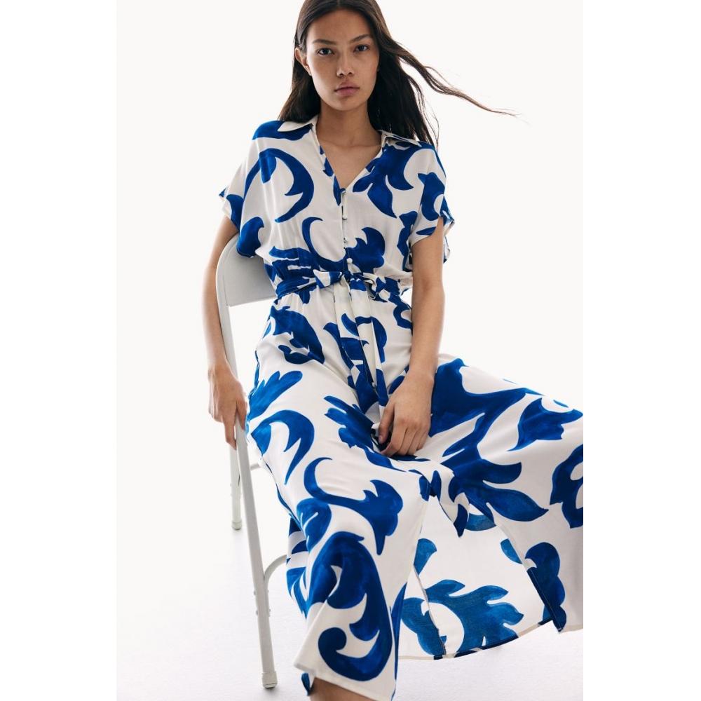

Платье-рубашка HM с поясом, белый, синий узор