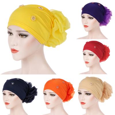 Muslim Women Faux Pearl Flower Hat Hijab Hair Loss Head Scarf Turban Cap Wrap