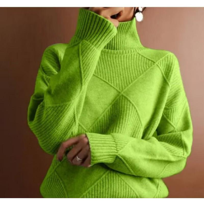 Womens High Neck Knit Sweater Solid Color Rhombus Warm Thick Long Sleeve Pullover