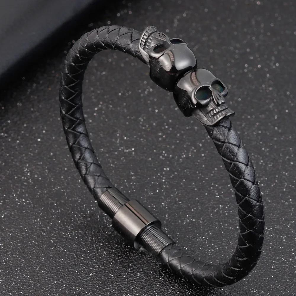 Men's Black Braided Leather Bracelet with Stainless Steel Skull Design Cool Wristband