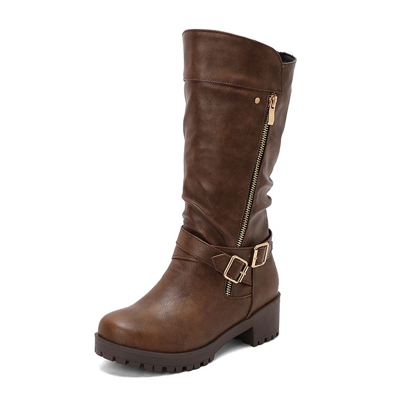 

2025 Ретро Женские Сапоги Миди на Толстом Каблуке 5 см, Платформа 2 см, Застежка-молния, Пряжка-ремень, Большой Размер 44 45, Повседневные Боты 39 коричневый