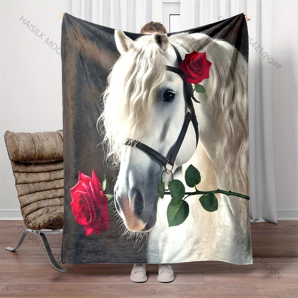 Horse holding a red rose Print Blanket Warm Soft for Sofa Bed Home Travel Camping Blanket All Seasons Luxury Gifts