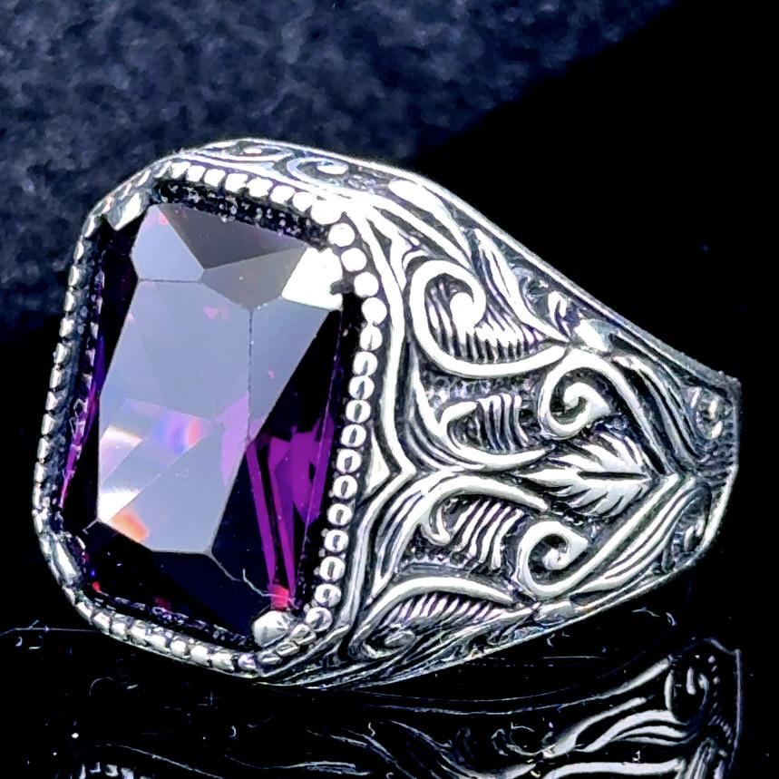 Men's Antique Silver Floral Ring with Purple Diamond Ornament