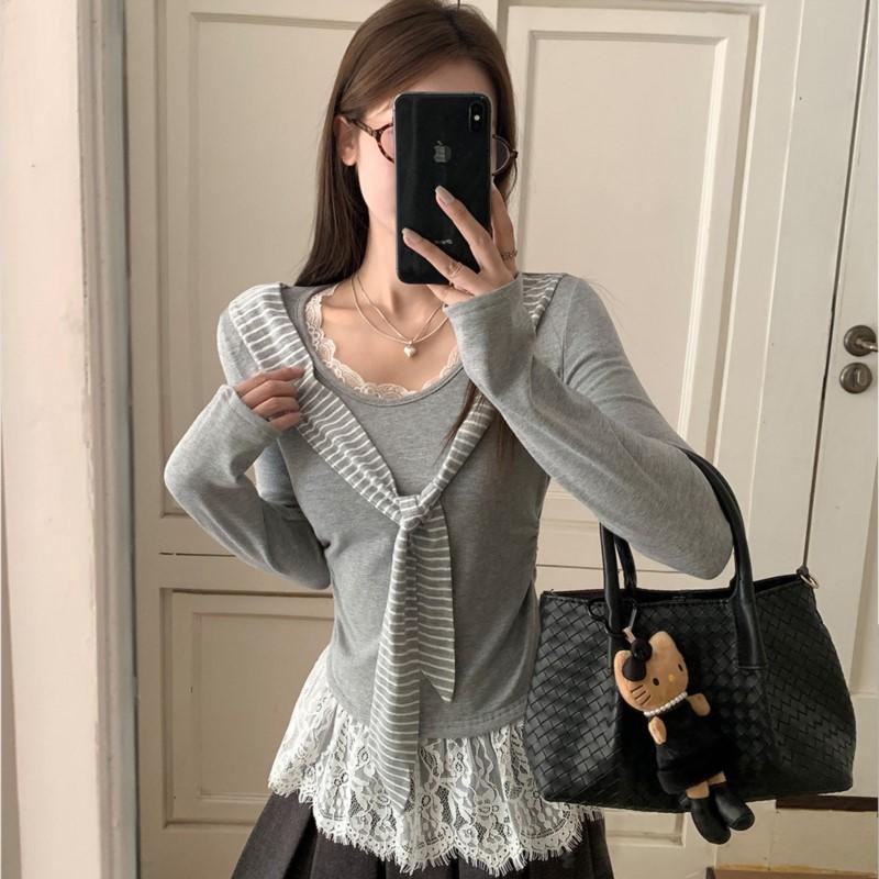 Johnature Korean Striped Shawl Faux Two-piece Long-sleeve T-shirt For Women Autumn Navy Collar Lace Fitted Top Render T-shirts