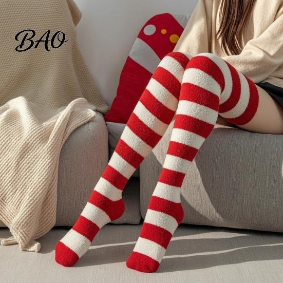 Warm Winter Sleep Socks Striped Plush for Women, Coral Fleece Thermal Socks, Soft Thickened Velvet Knee High Stockings, Sleeping Home And Casual Wear
