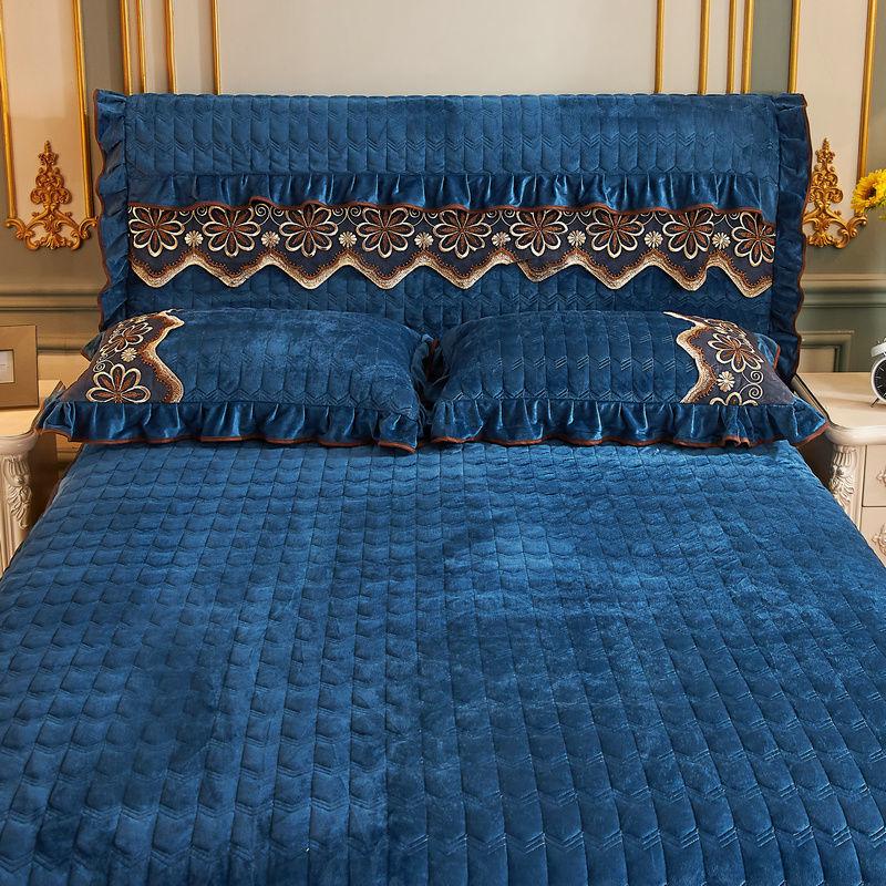 3PCS European Style Fleece Lace Bed Skirt Set of Three, Includes: Bed Skirt, Fitted Sheet, Dust Cover - Warmth Bedding Set