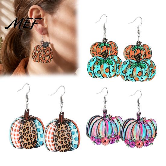 Retro Autumn Theme Ear Hooks 1 Pair Fall Pumpkin Earrings, Acrylic Leopard Print Dangle Fashionable Harvest Jewelry Drop Statement Thanksgiving