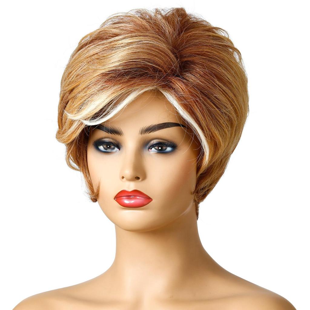 Ladies Short Brown Blonde Synthetic Wig Hairstyle Curly Wig With Bang For Women Daily Use Heat Resistant Fiber